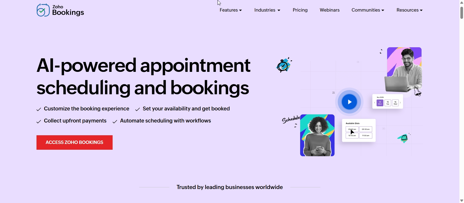 Screenshot of Zoho Bookings website