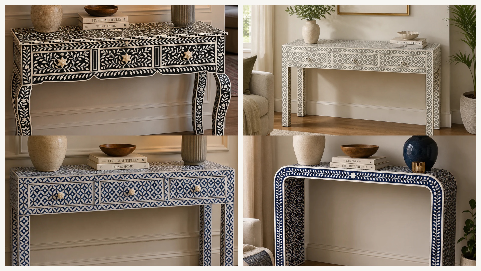 Luxury handmade bone inlay console table in elegant American home interior
