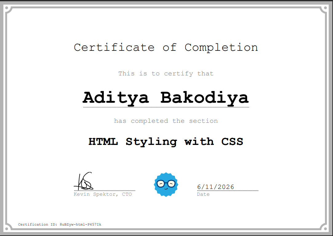 Certificate of HTML Styling with CSS