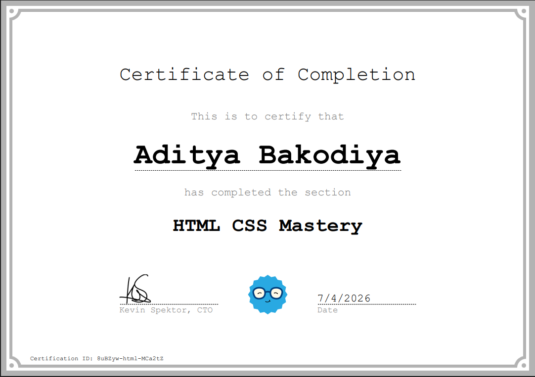Certificate of HTML CSS Mastery