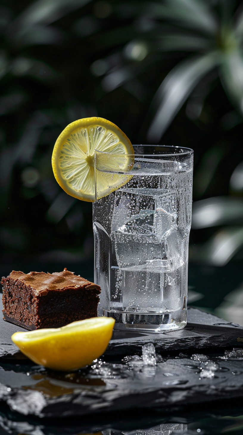 A refreshing iced lemon soda and a chocolate protein brownie