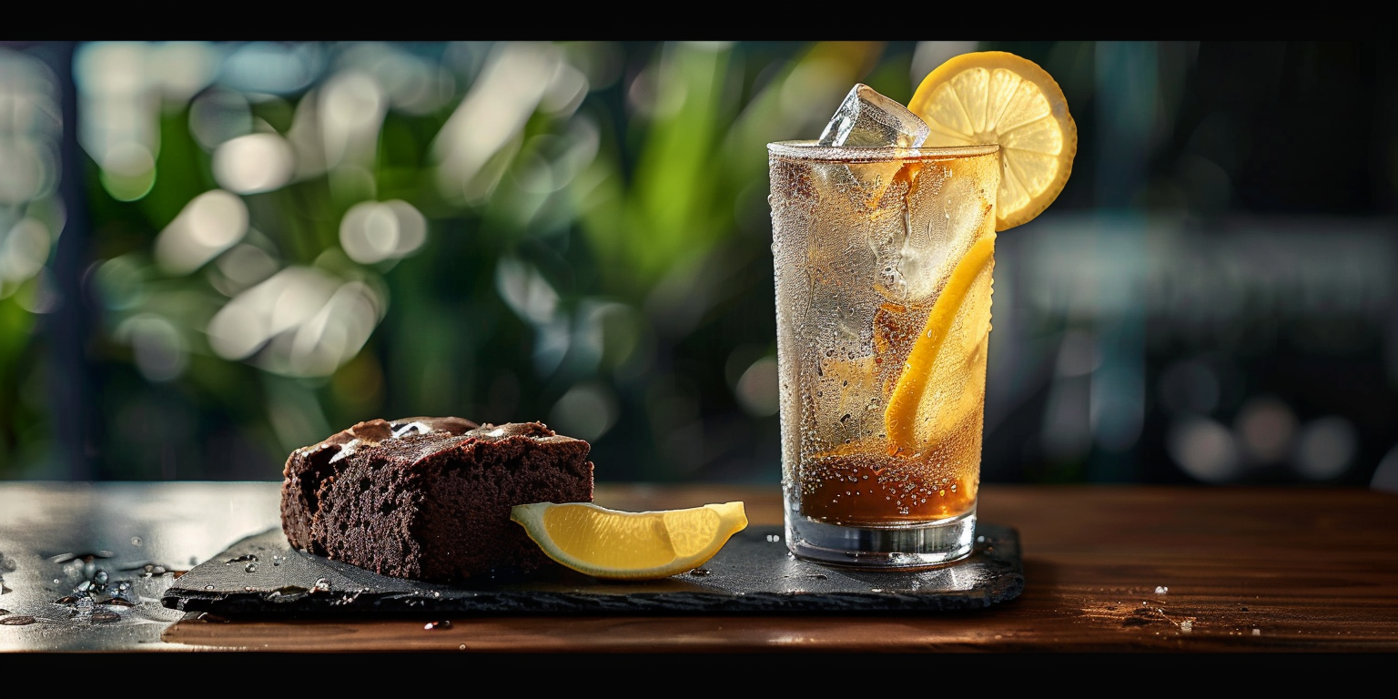 A refreshing iced lemon soda and a chocolate protein brownie on a beautiful solid wood cafe table in a minimalist Thai sanctuary