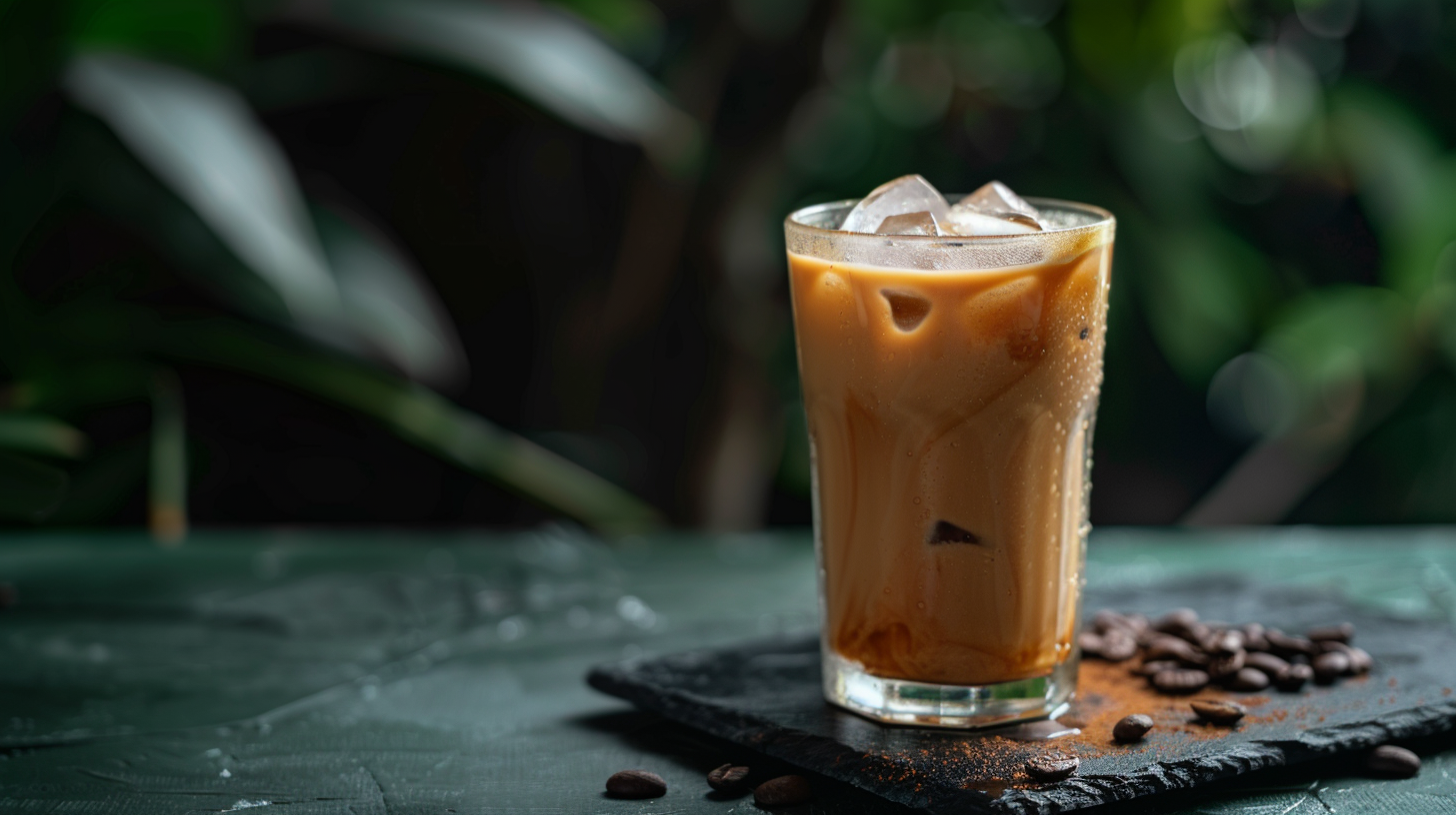 A premium iced coffee in a tall glass with heavy condensation, resting on a dark slate board in a minimalist Thai sanctuary setting