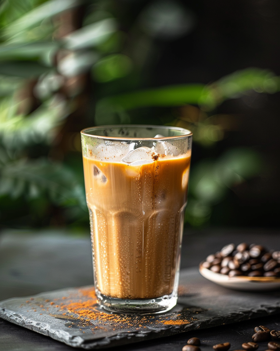 A premium iced coffee in a tall glass with heavy condensation, resting on a dark slate board in a minimalist Thai sanctuary setting