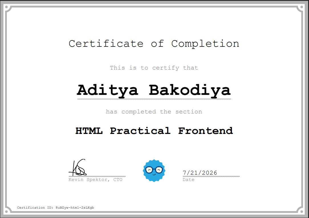 Certificate of HTML Practical Frontend