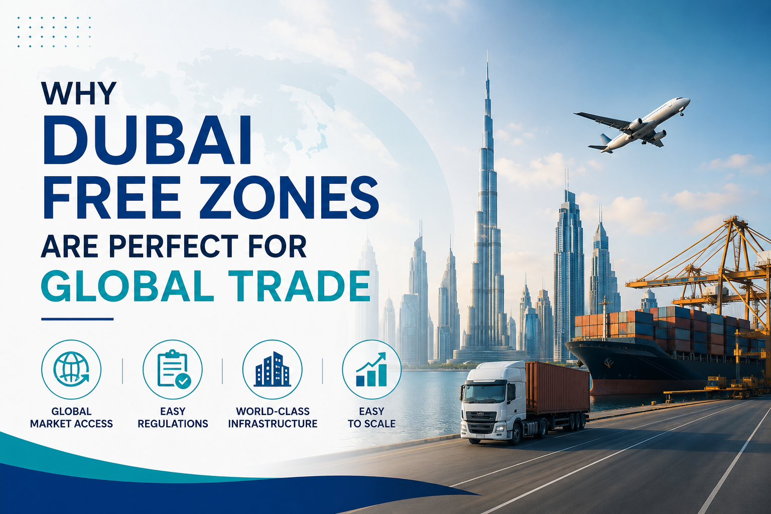 Why Dubai Free Zones are perfect for global trade, showing Dubai skyline, cargo ship, plane, and truck with icons for global market access, easy regulations, world-class infrastructure, and easy scaling
