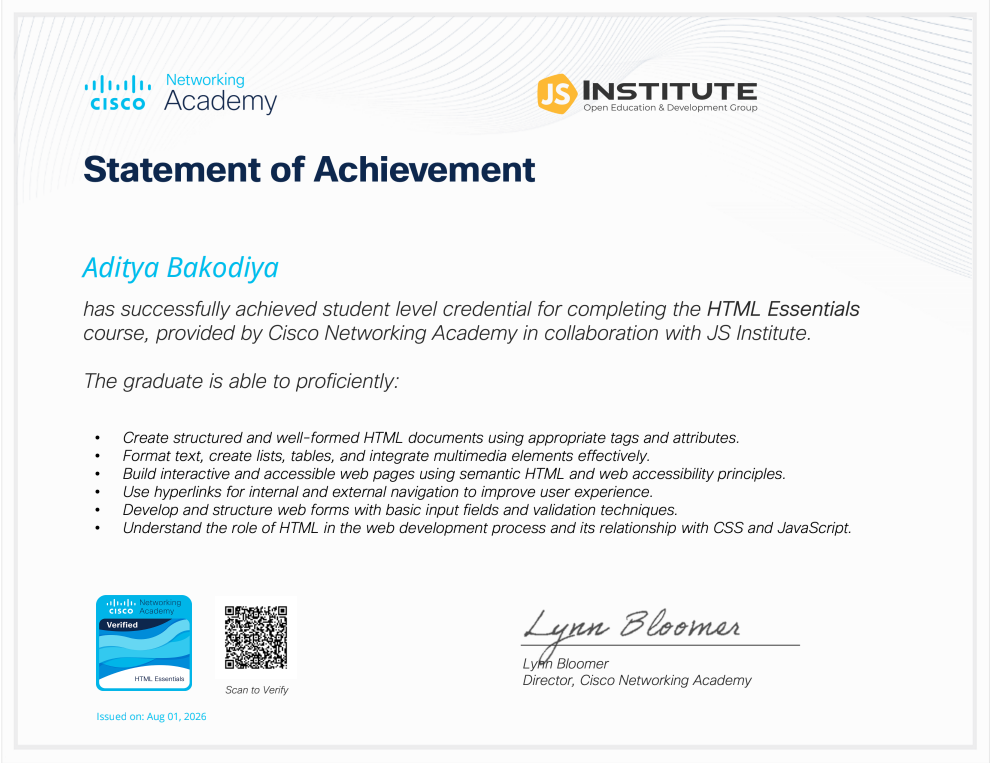 Certificate of HTML essentials