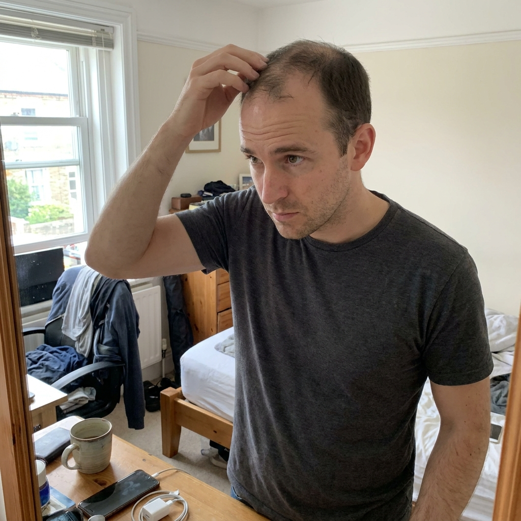 Man adjusting his thinning hair while getting ready