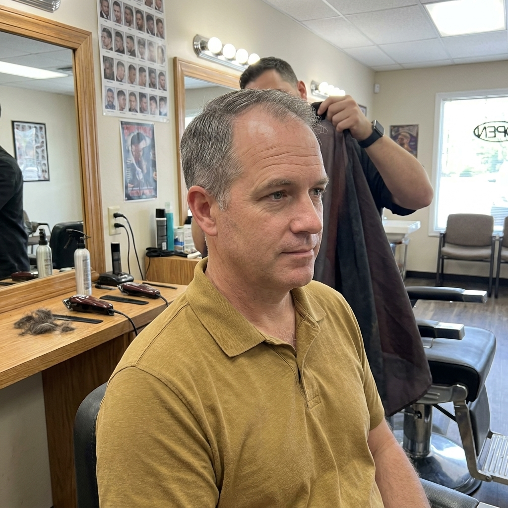 Man with freshly groomed hair and visible thinning
