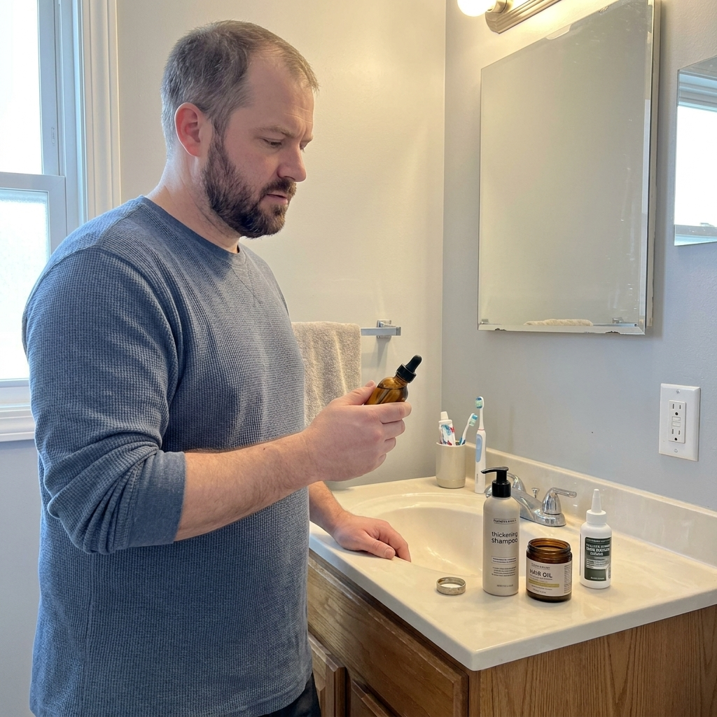 Man trying topical hair products