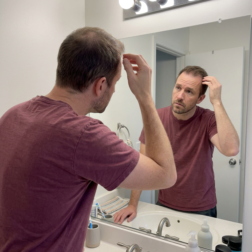 Man noticing early changes in his hair