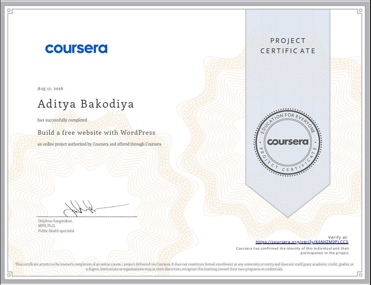 Official Coursera Certificate - Build a free website with WordPress