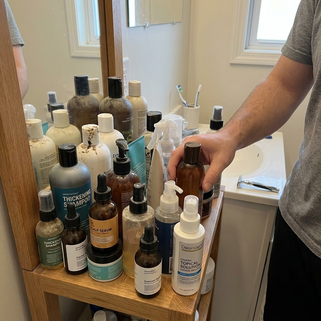 Shelf filled with shampoos, oils and topical treatments