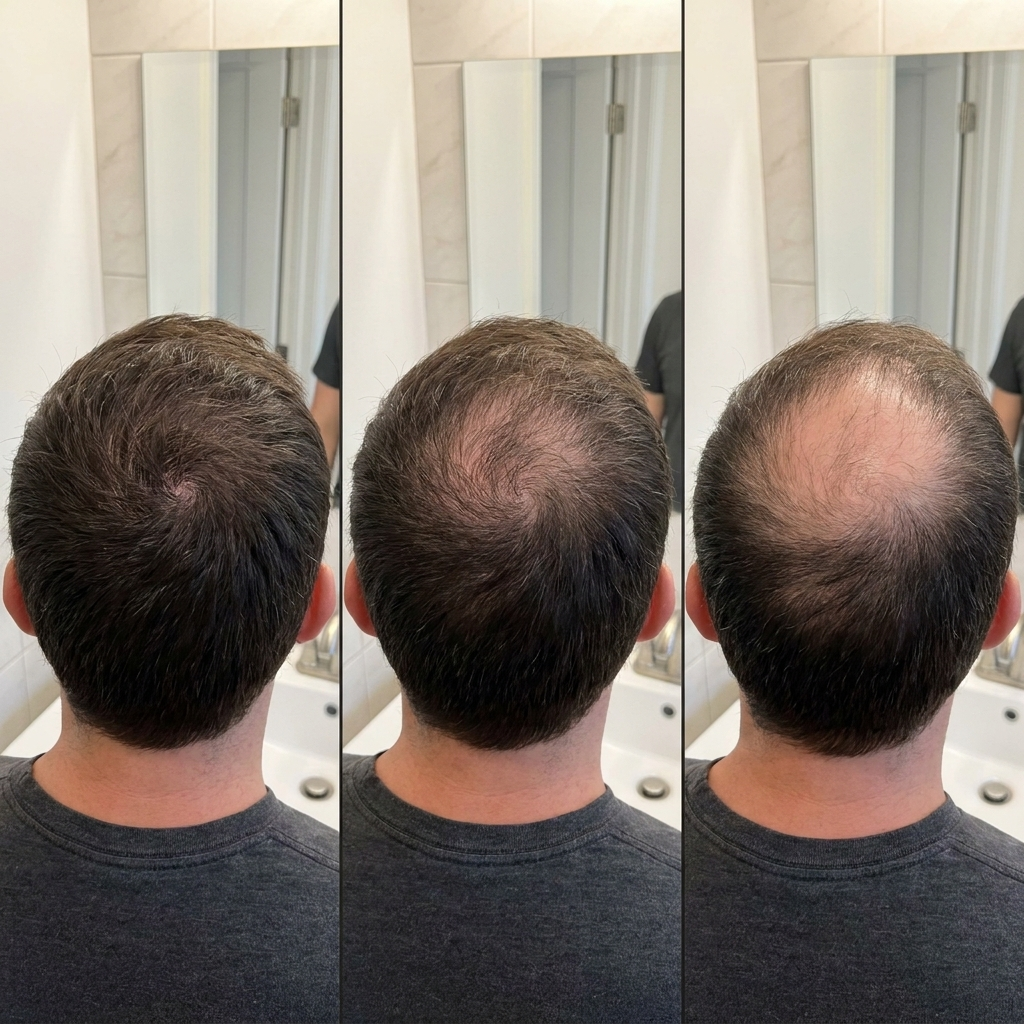 Progression from early to more advanced male crown thinning