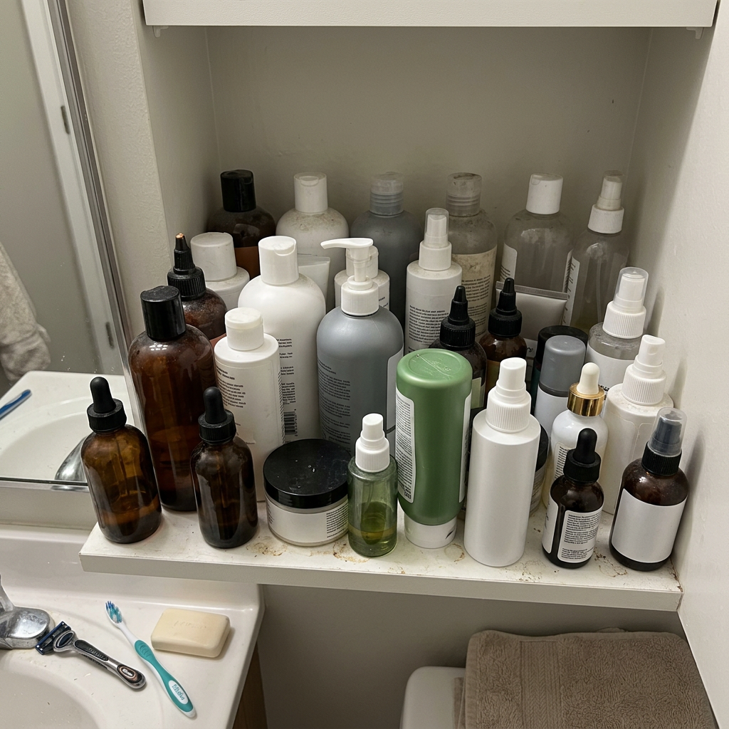 Shelf filled with previously tried hair products
