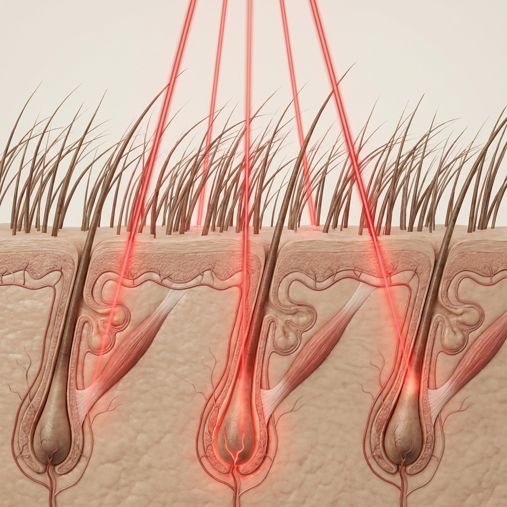 Laser energy reaching hair follicles beneath the scalp