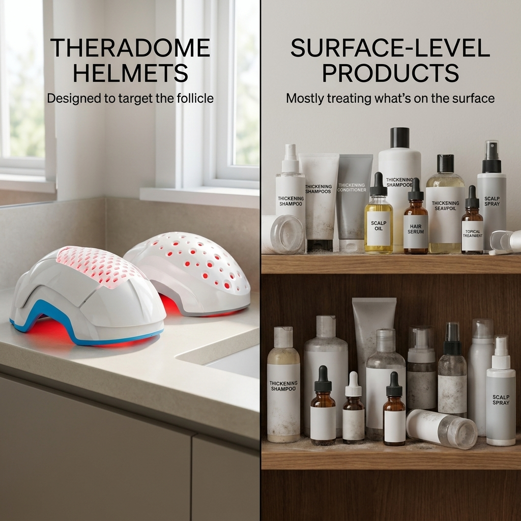Theradome helmets compared with common surface hair products
