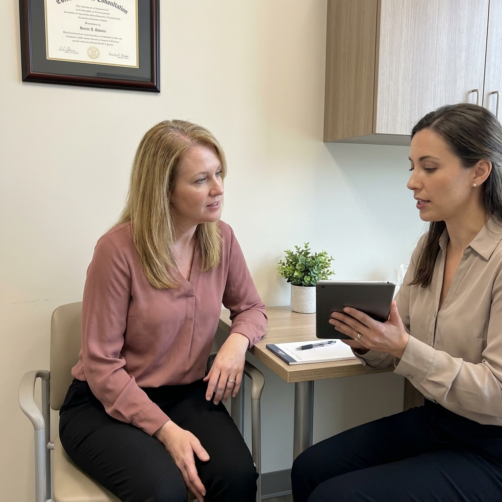 Woman discussing hair changes with a clinician