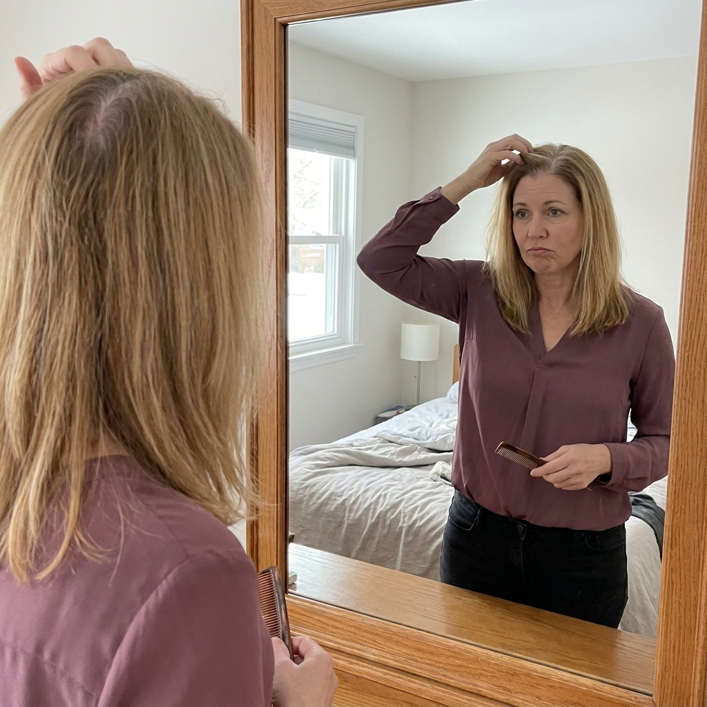 Woman adjusting her hair for coverage