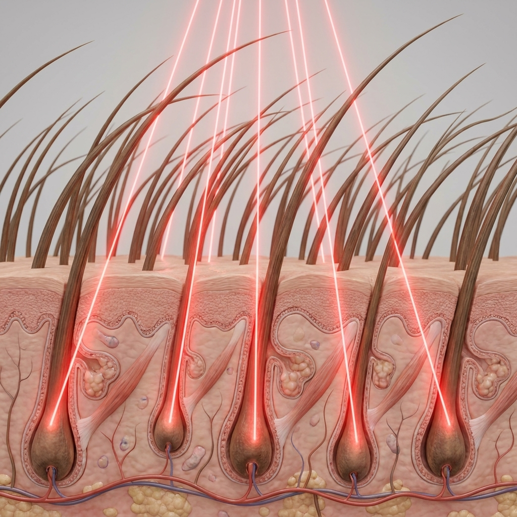 Light reaching beneath the scalp toward hair follicles