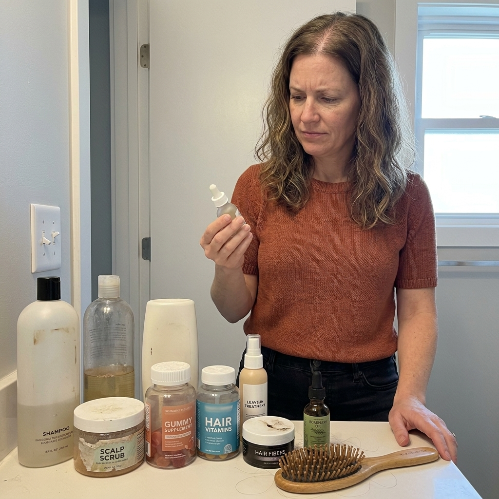 Woman surrounded by different hair products she has tried