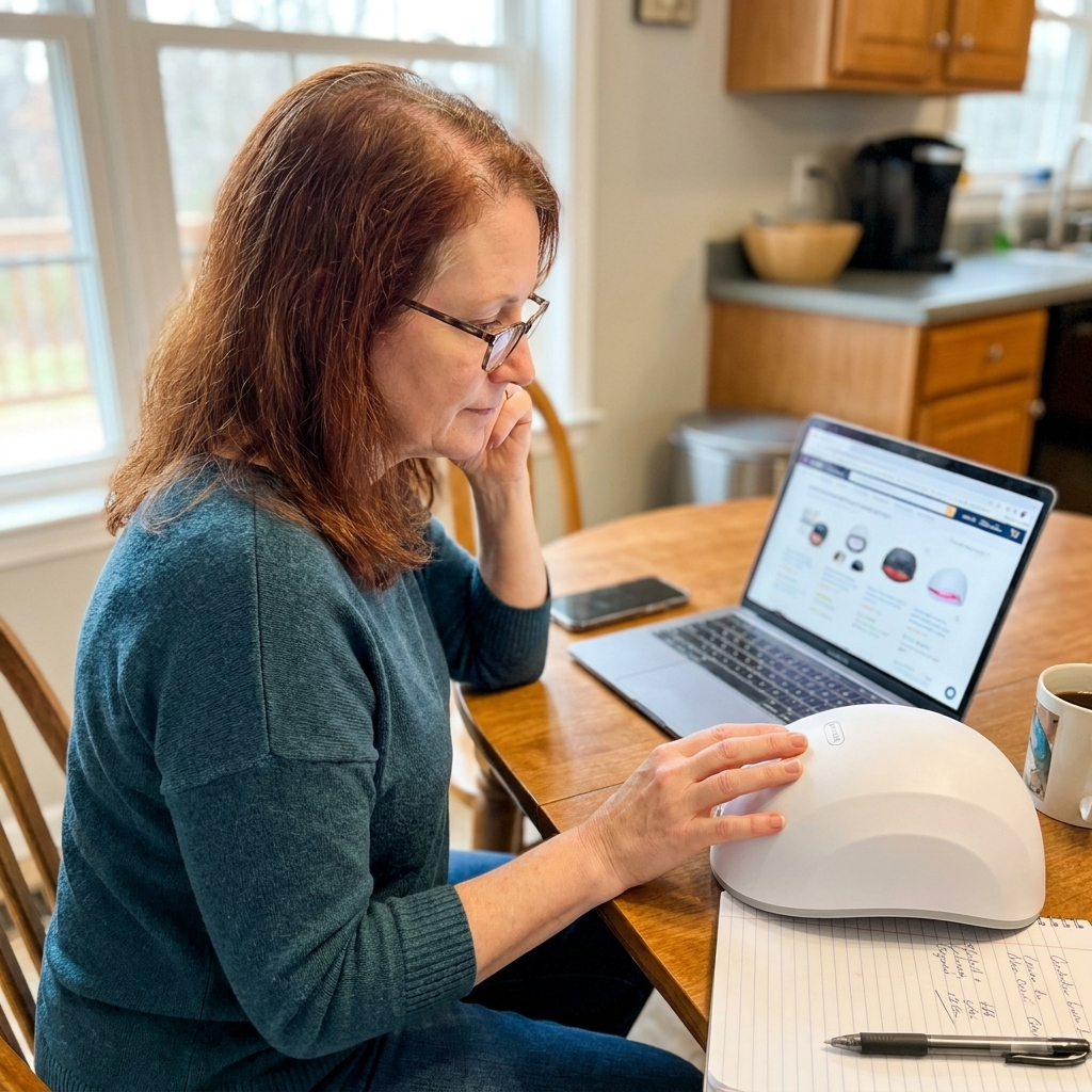 Woman researching hair growth devices