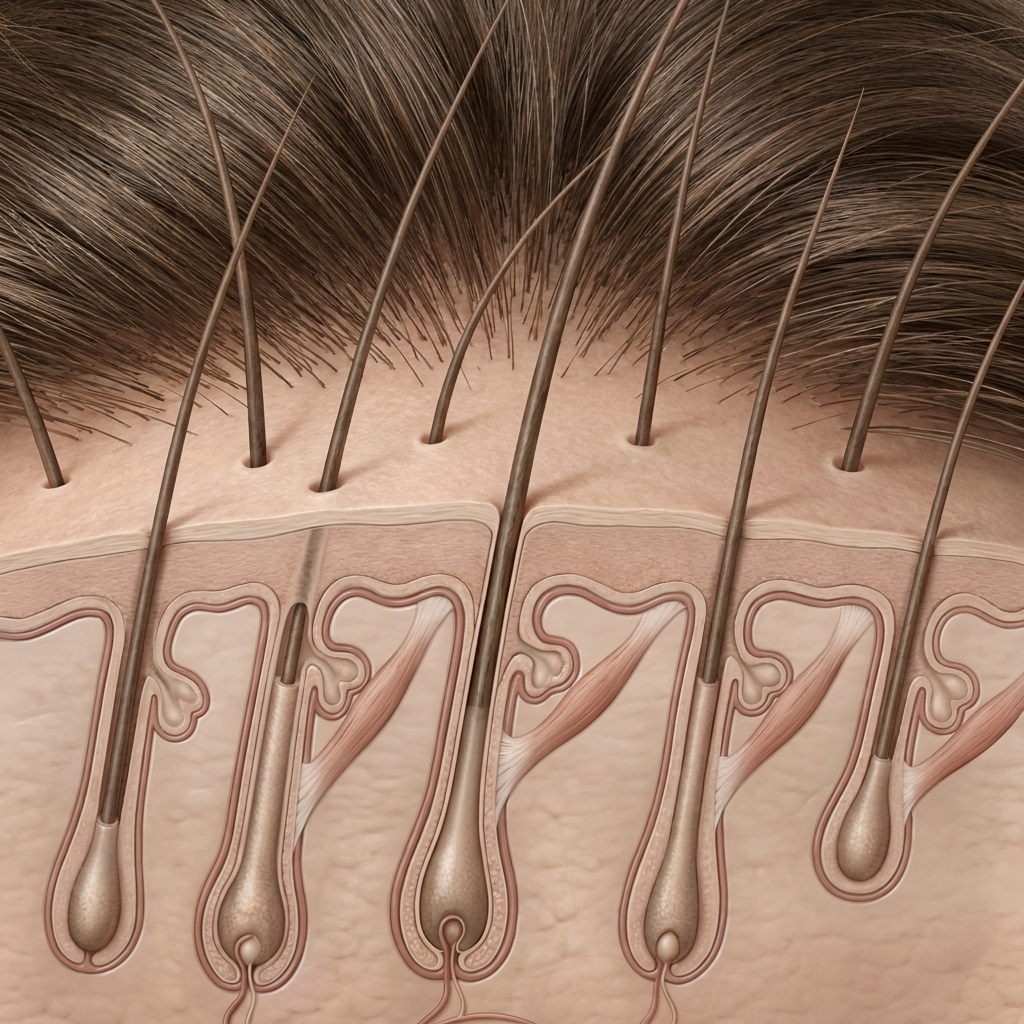 Hair strand and follicle beneath the scalp
