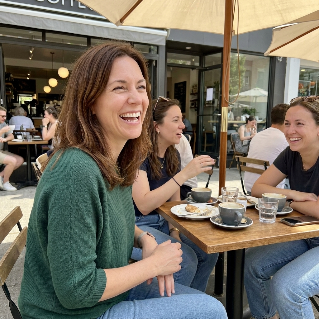 Woman enjoying time with friends without thinking about her hair