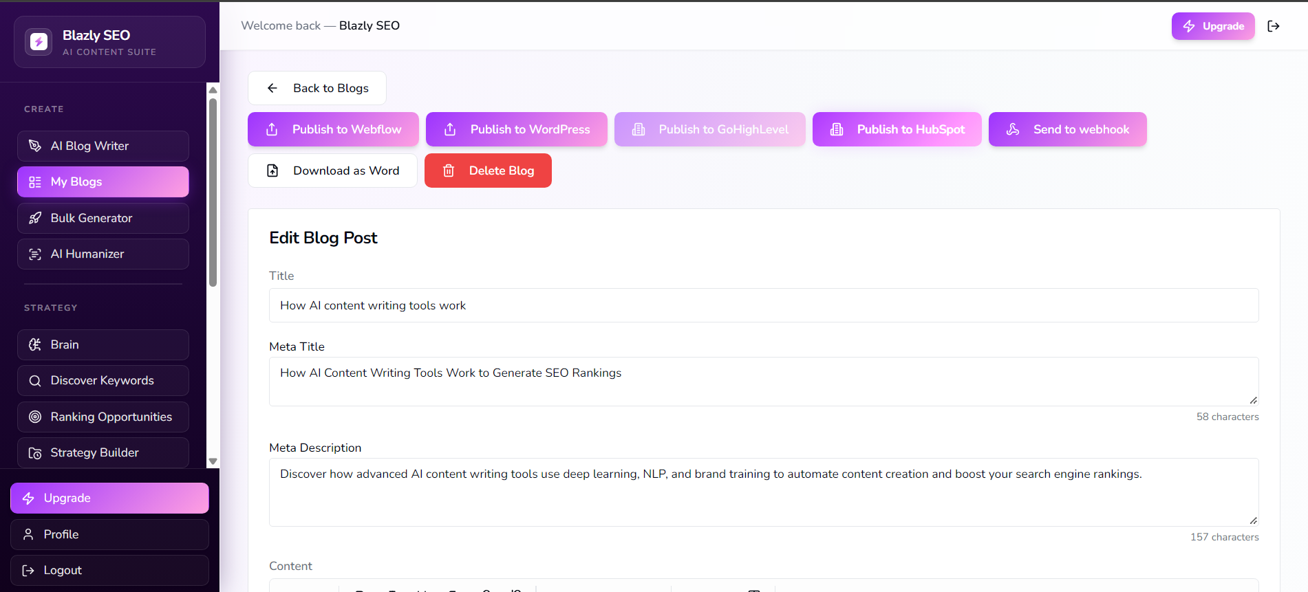 Publish a blog to HubSpot from Blazly SEO