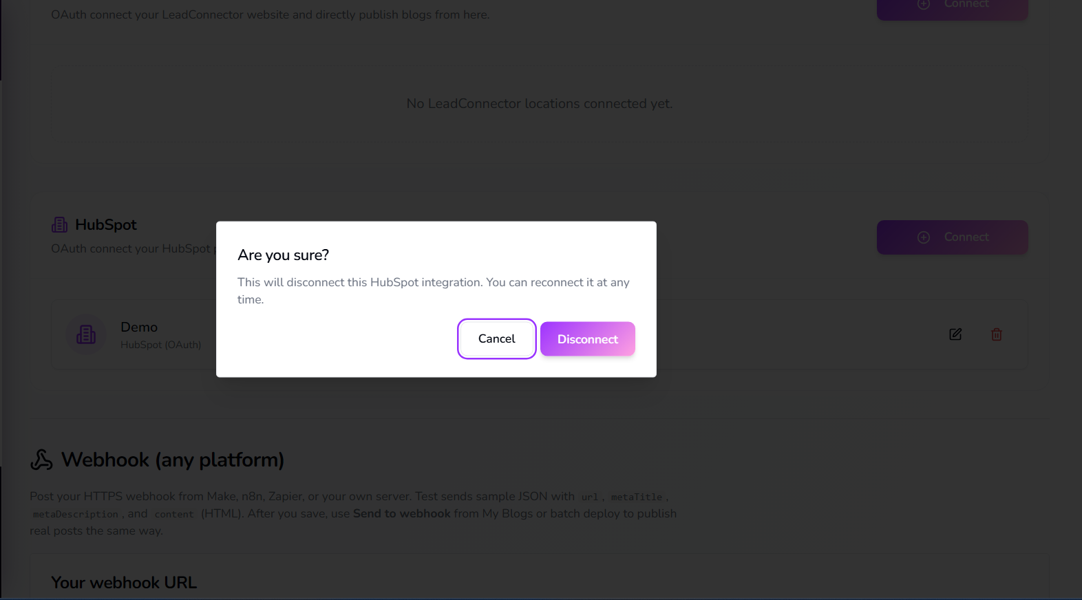 Disconnect HubSpot from Blazly SEO