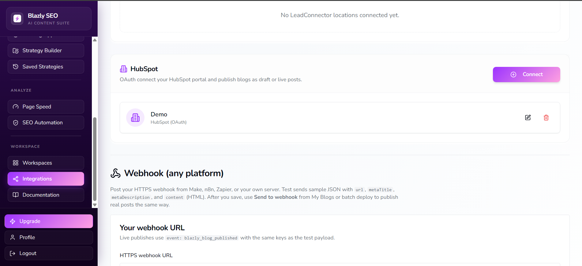 Open Integrations and connect HubSpot in Blazly SEO