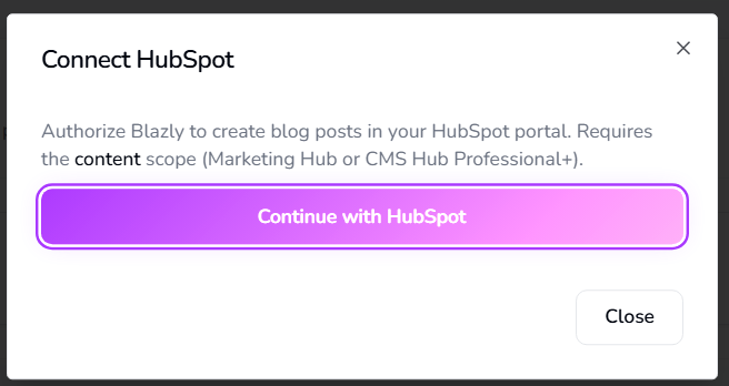 Authorize Blazly SEO to connect with HubSpot