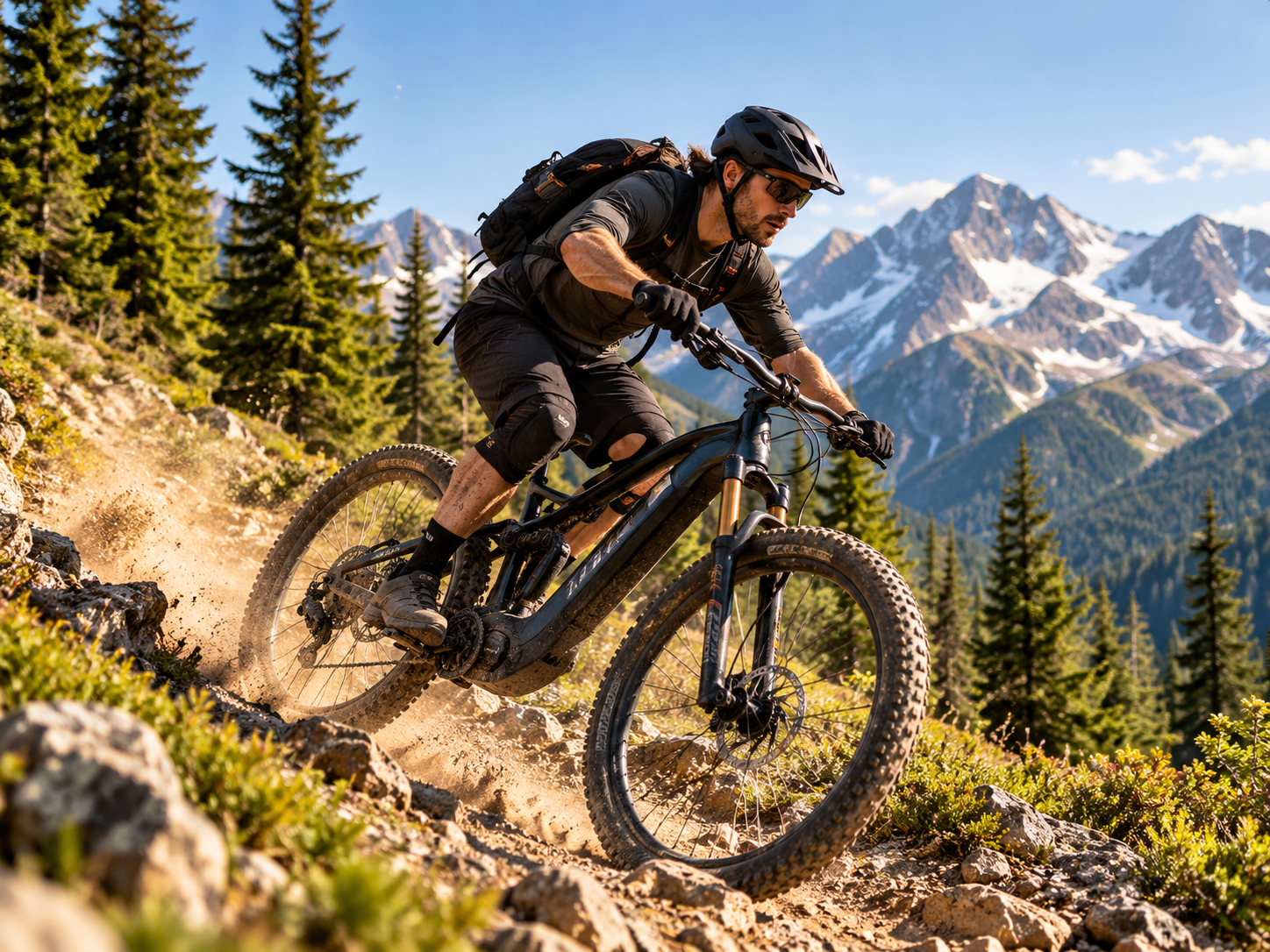 Cyclist on a long mountain road at sunset