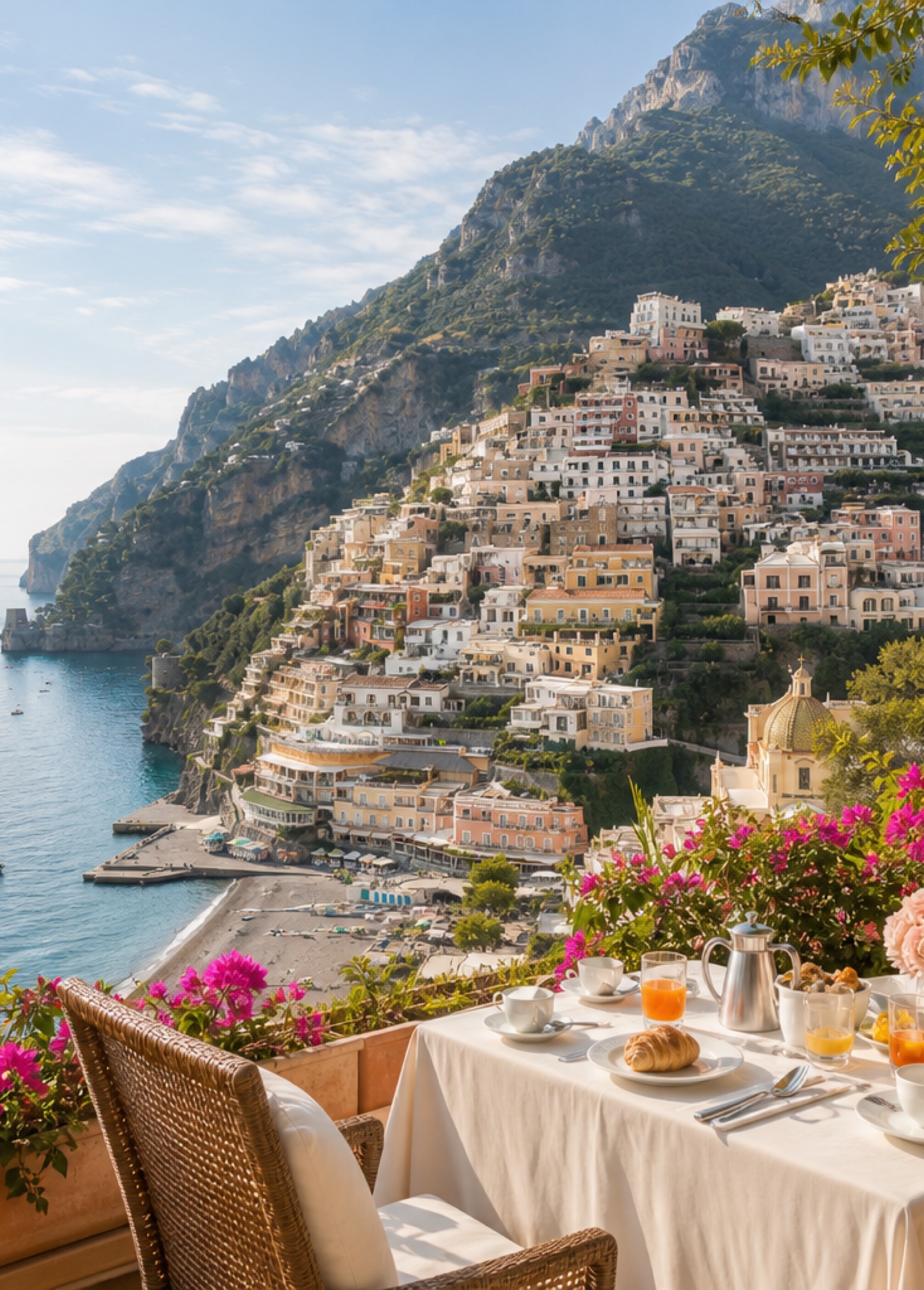 Breakfast table overlooking Positano on the Amalfi Coast