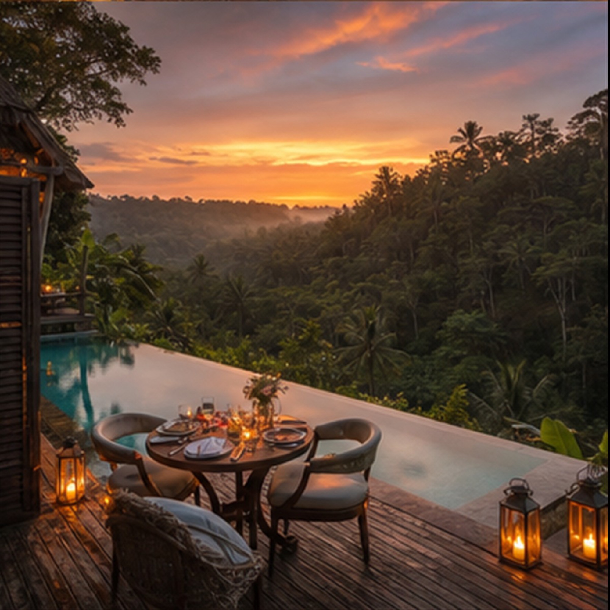Candlelit table beside a villa pool overlooking the Ubud jungle at sunset