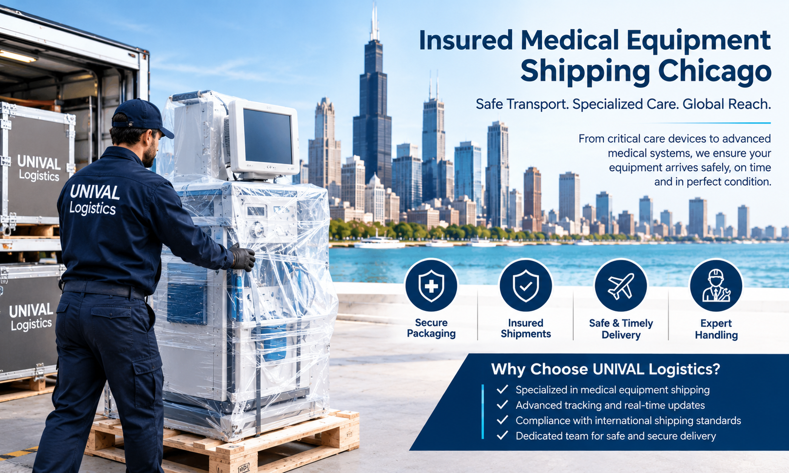 Insured Medical Equipment Shipping Chicago | UNIVAL Logistics Insured medical equipment shipping in Chicago with secure transport planning from UNIVAL Logistics.