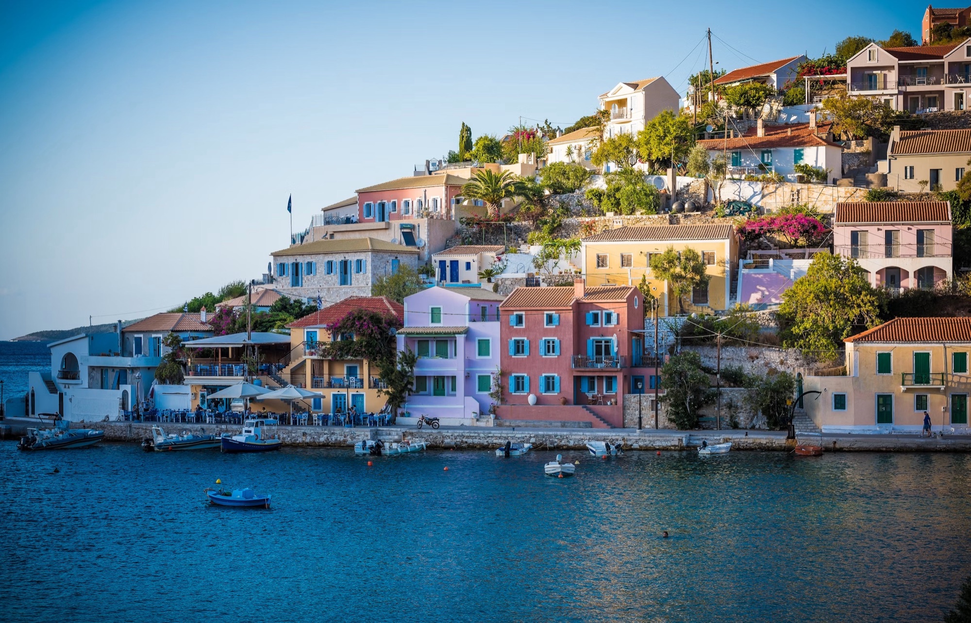 Colourful waterfront village on a Greek island