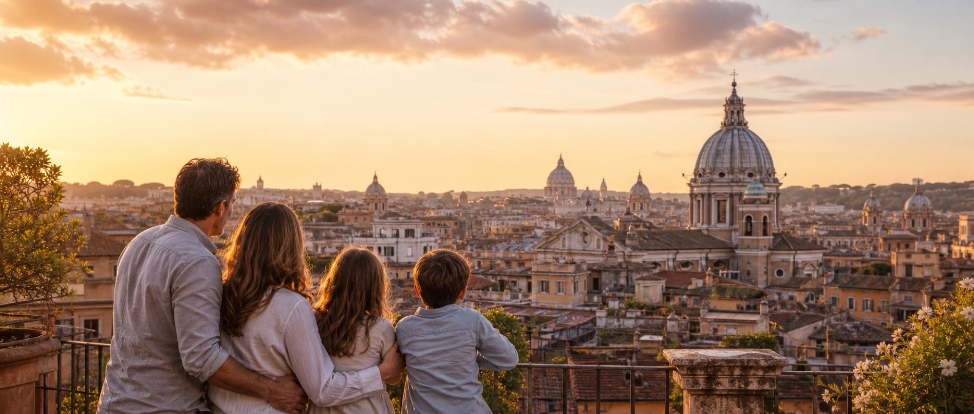 Family looking out over the rooftops of Rome at sunset