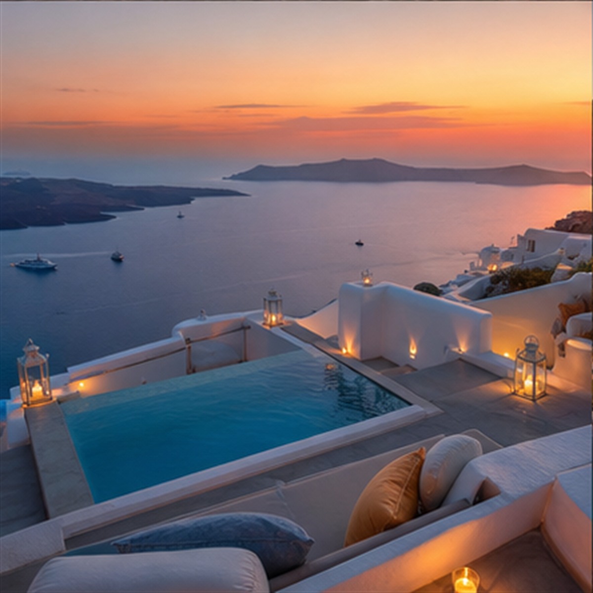 Candlelit plunge pool overlooking the caldera in Santorini at sunset