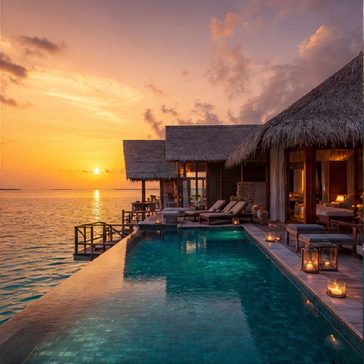 Overwater villa and private pool at sunset in the Maldives