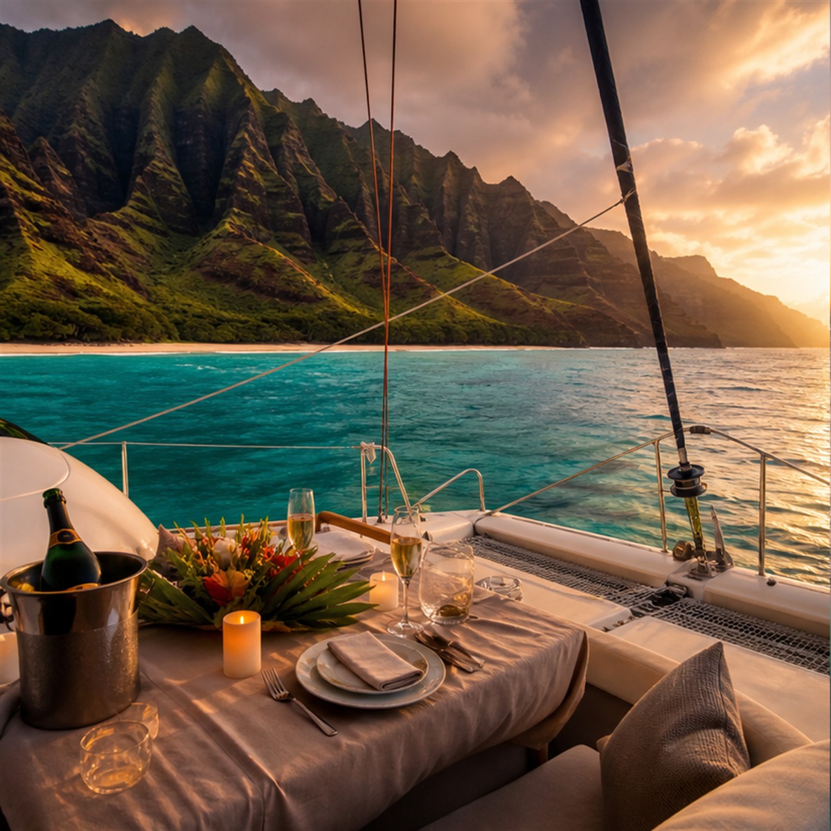 Dinner set for two on a catamaran off Hawaii’s green mountains