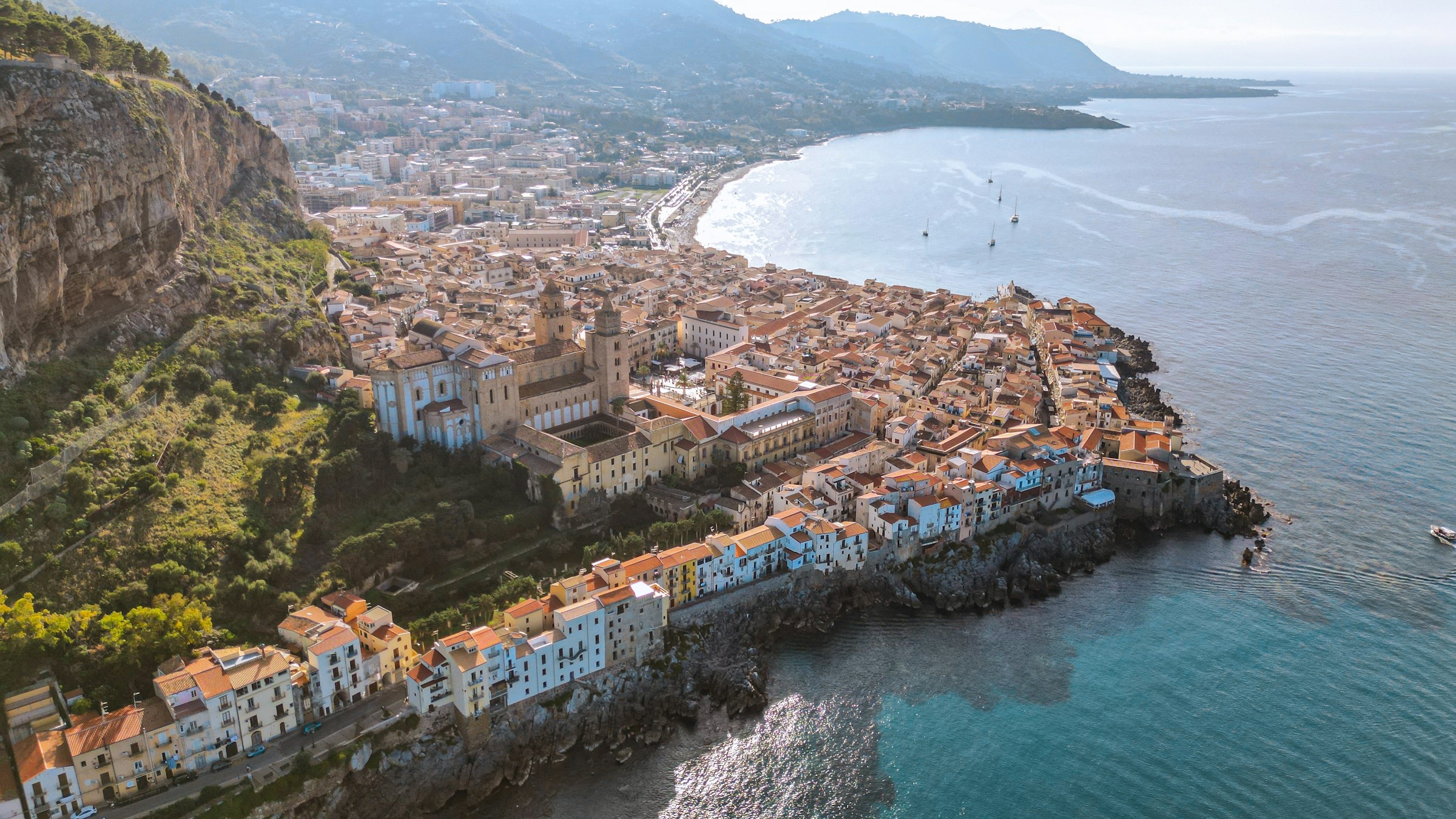 Aerial view of the seaside town of Cefalù in Sicily