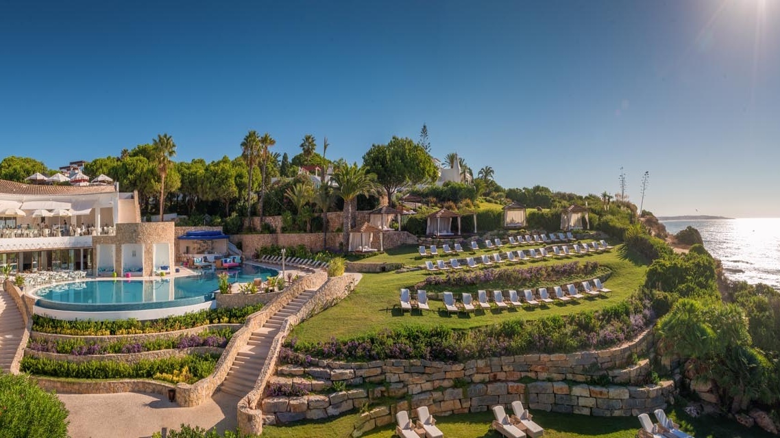 Clifftop resort pool and gardens above the Atlantic