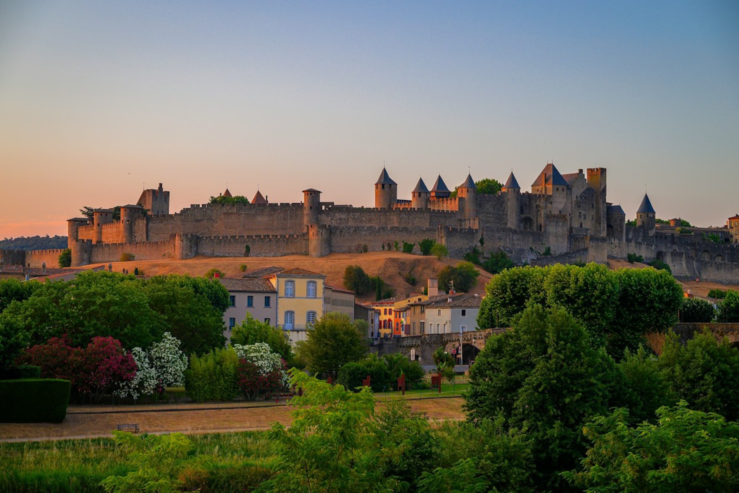 The walls and towers of Carcassonne at sunset
