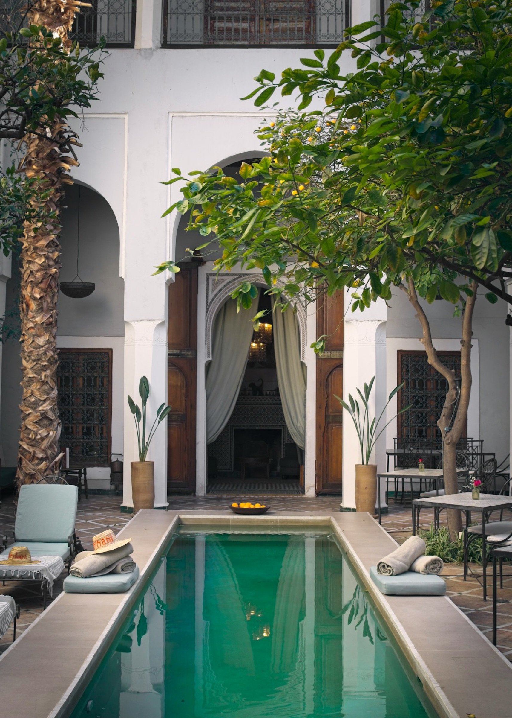 A courtyard pool in a traditional Moroccan riad