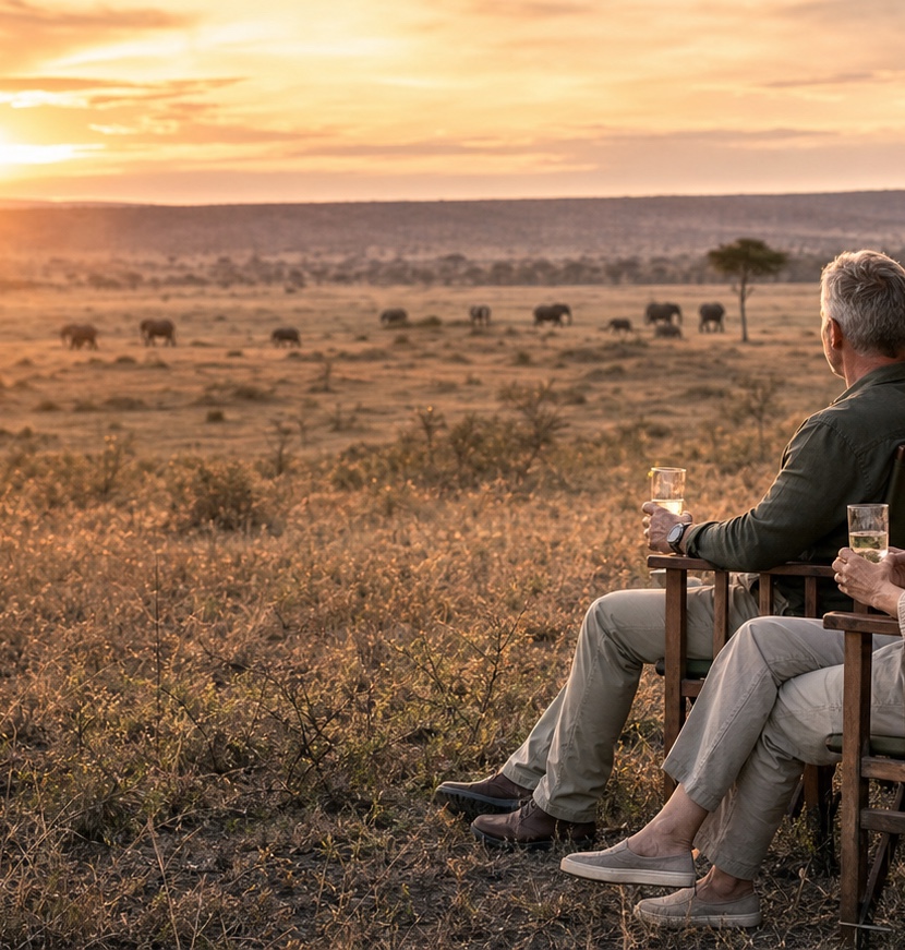 A couple enjoying sundowners as elephants cross the plains at sunset