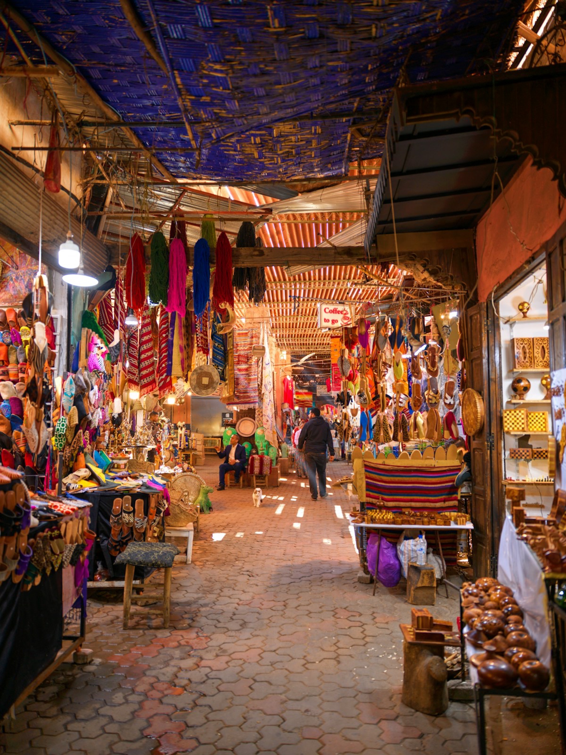 Colourful stalls in a covered Moroccan souk
