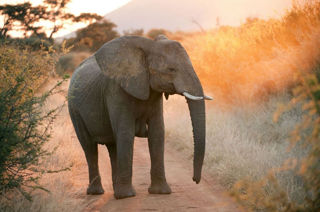 An elephant on a sandy track in golden evening light