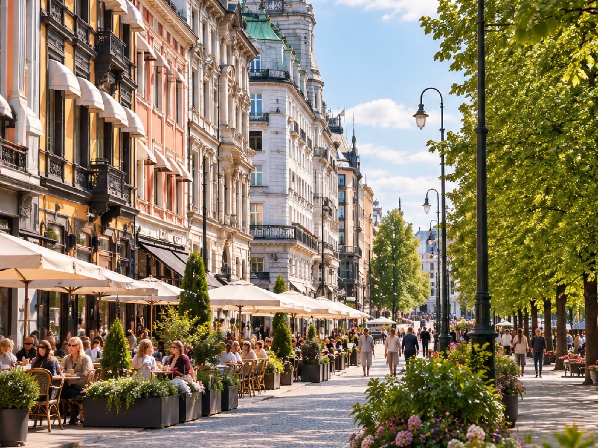 A tree-lined street of cafés in central Oslo